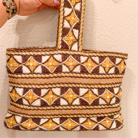 Vintage Handmade Burlap Embroidered Satchel Hand Bag Geometric Tan Brown Boho - Picture 4 of 15